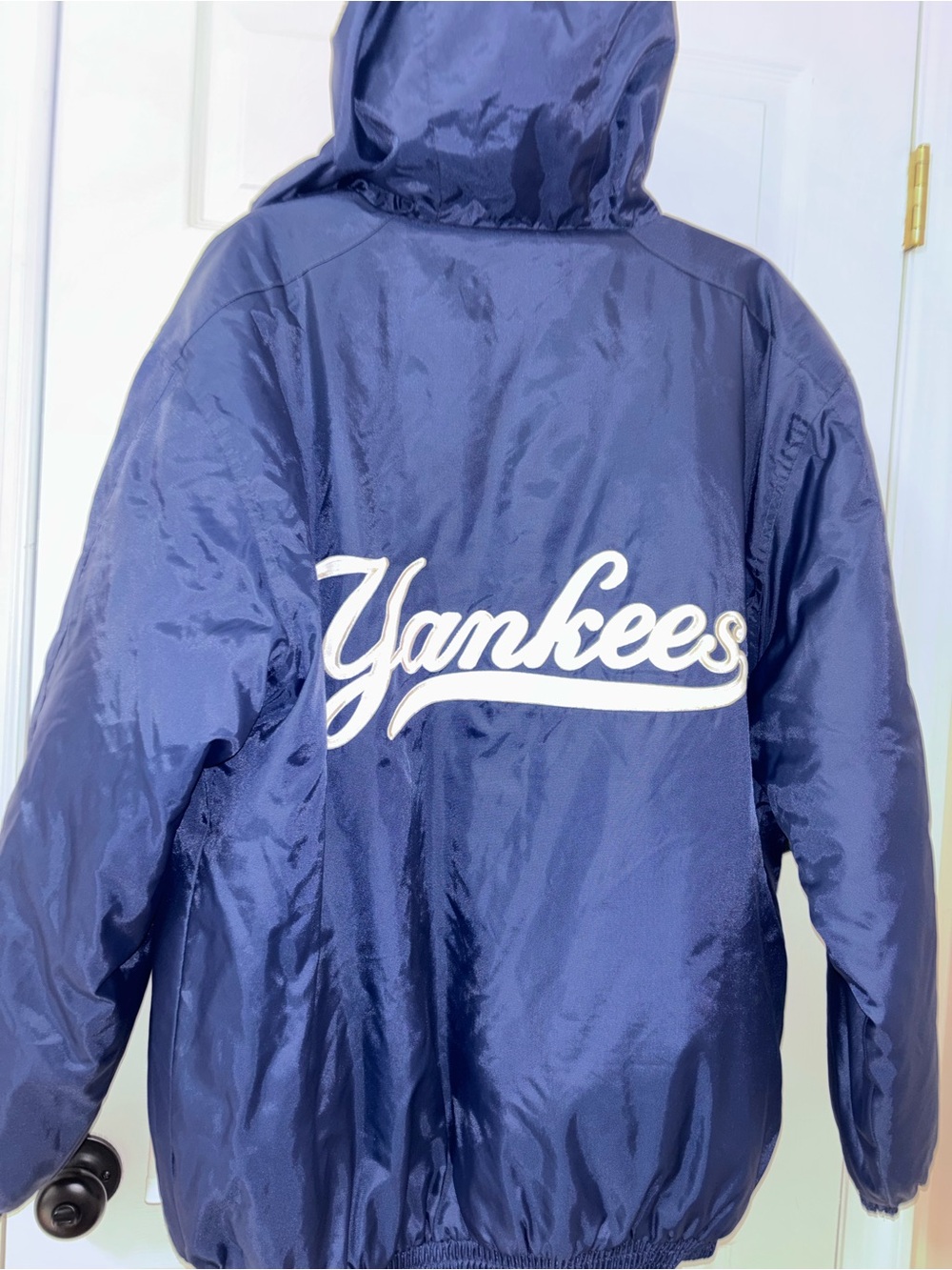 New York Yankees Jacket Mens Blue MLB Baseball Dugout Hooded Puffer Fullzip M!!!
